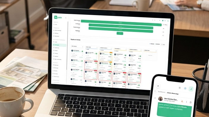 Mesa de escritório com laptop representando o atendimento organizado de uma imobiliária
